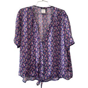 Marc Cain Shirt Size 42 Floral Button Up Short Sleeve Tie Front Purple Pink Boho